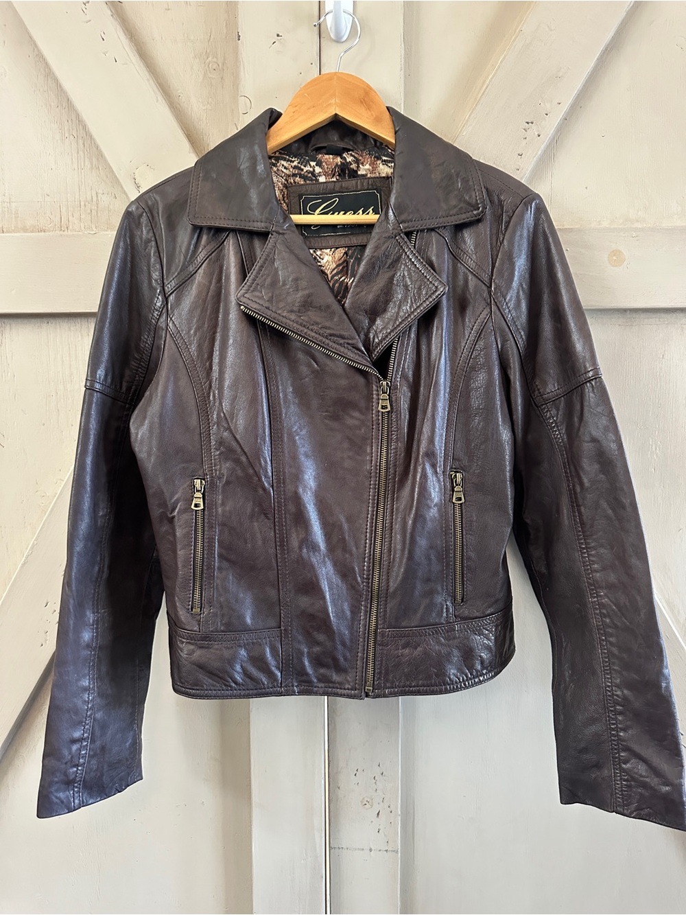 GUESS Genuine Leather Moto Jacket Brown Cropped Zip L